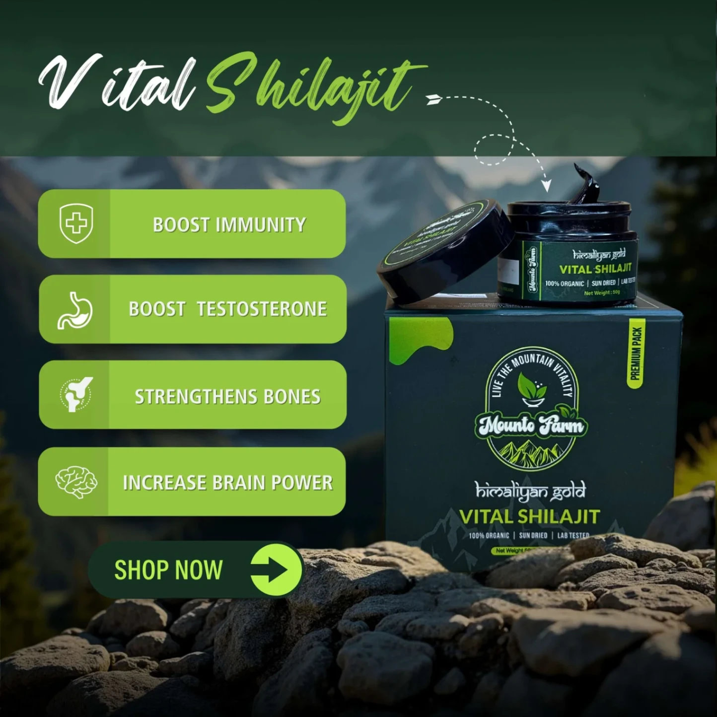 UK content image featuring MountoFarm products and benefits. Pure Himalayan Shilajit