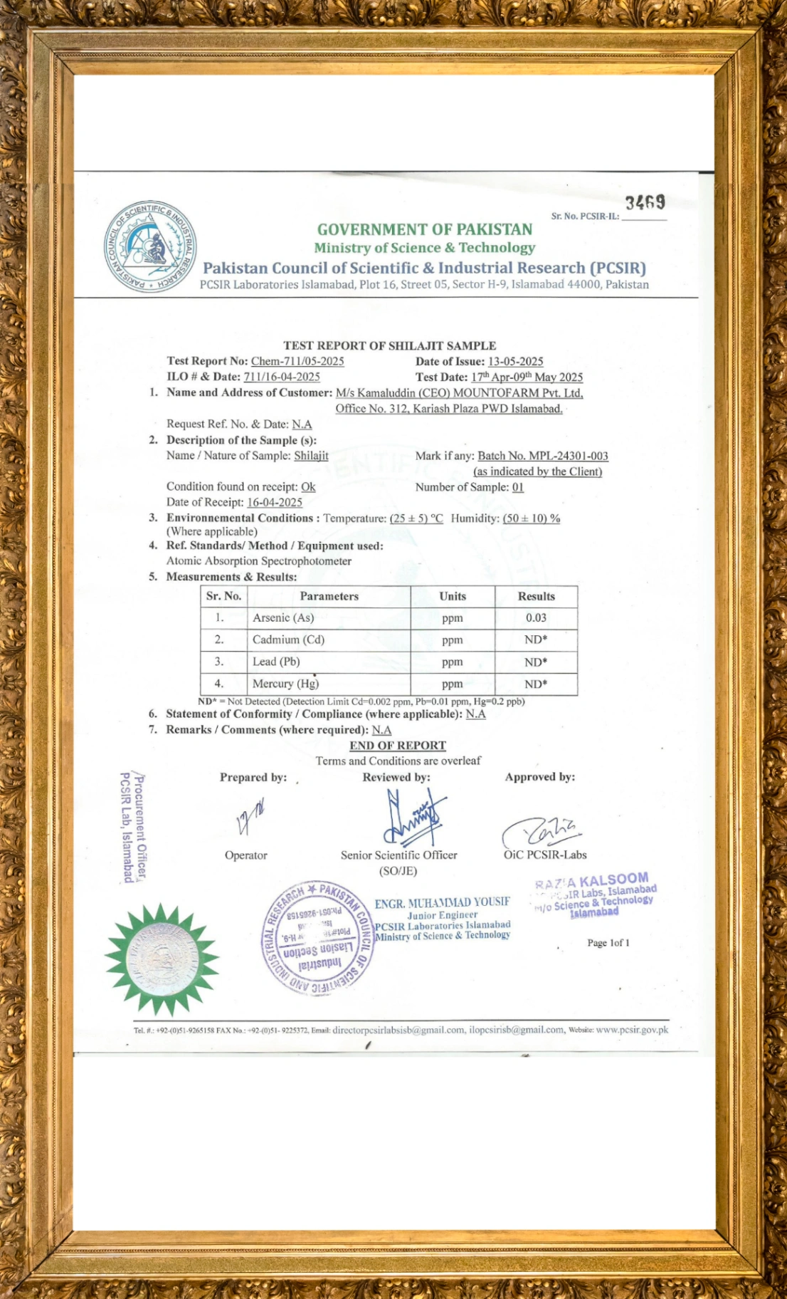 Pure Himalayan Shilajit Certificate